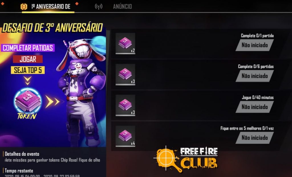 Garena Free Fire - Fala aí, facim demais garantir os tokens Chip Roxo nesse  Desafio de Aniversário, vai?