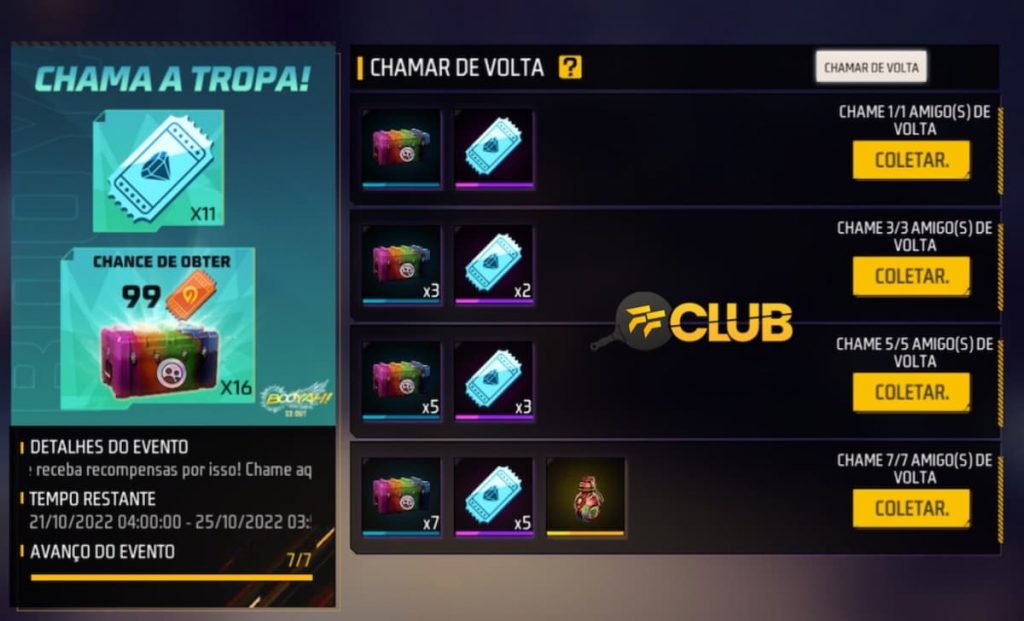 Chamar de volta Free Fire: ID e ferramenta de 21 a 25 de outubro 2022 - Free  Fire Club