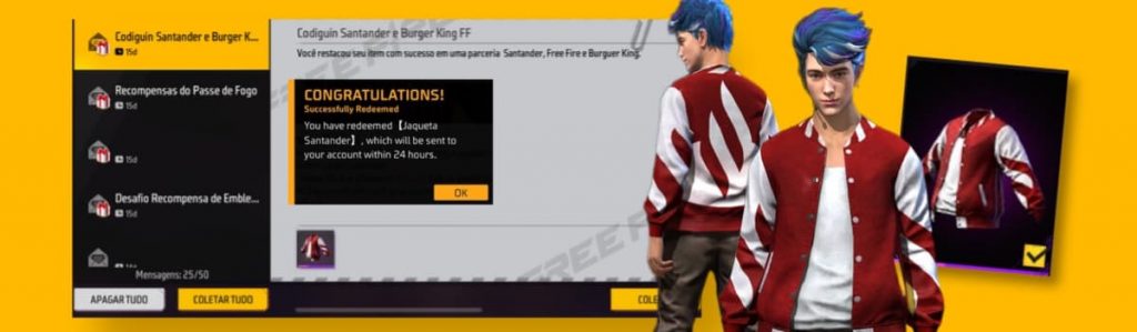 CODIGUIN FF 2023: código Free Fire ATIVO da Jaqueta Santander; resgatar no  Rewards - Free Fire Club